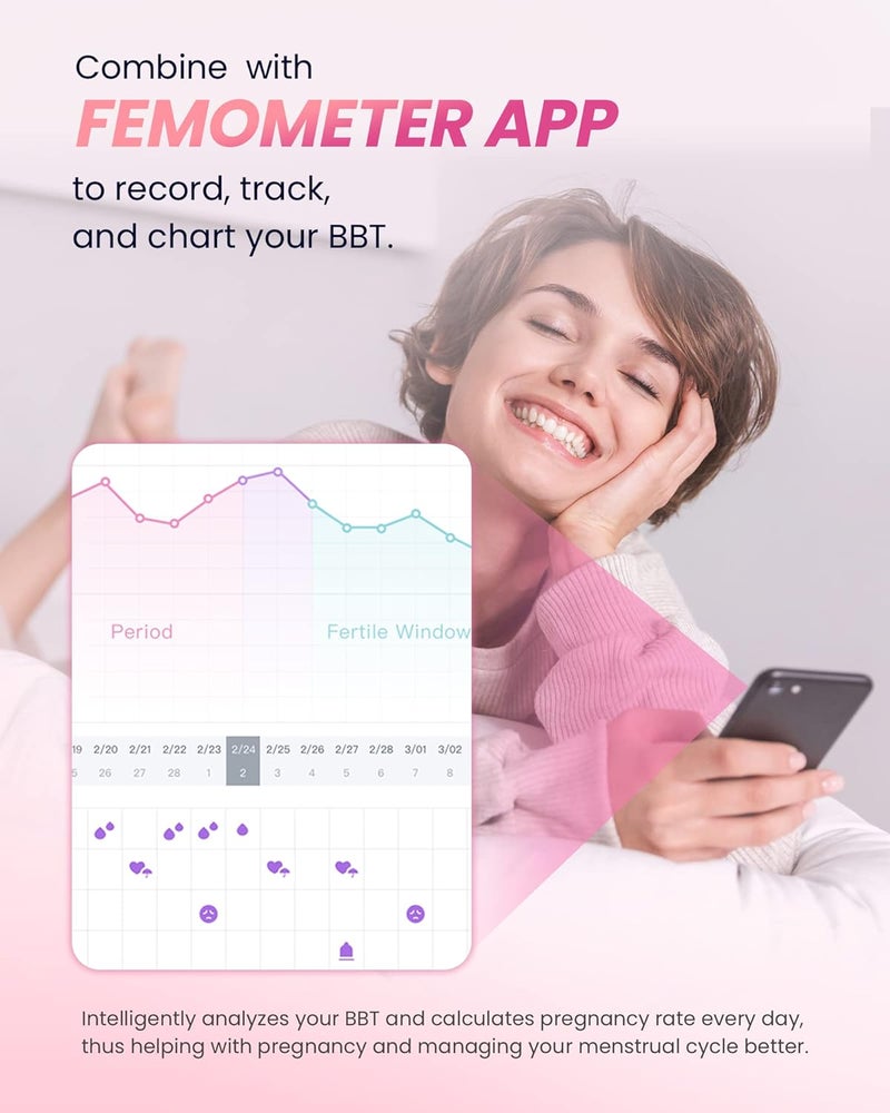 Femometer ترمومتر قاعدي رقمي، ترمومتر دقيق للأطفال للحمى، ترمومتر فموي عالي الدقة بدرجة 1/100 للحمل والتخطيط العائلي الطبيعي باللون الوردي - Image 3